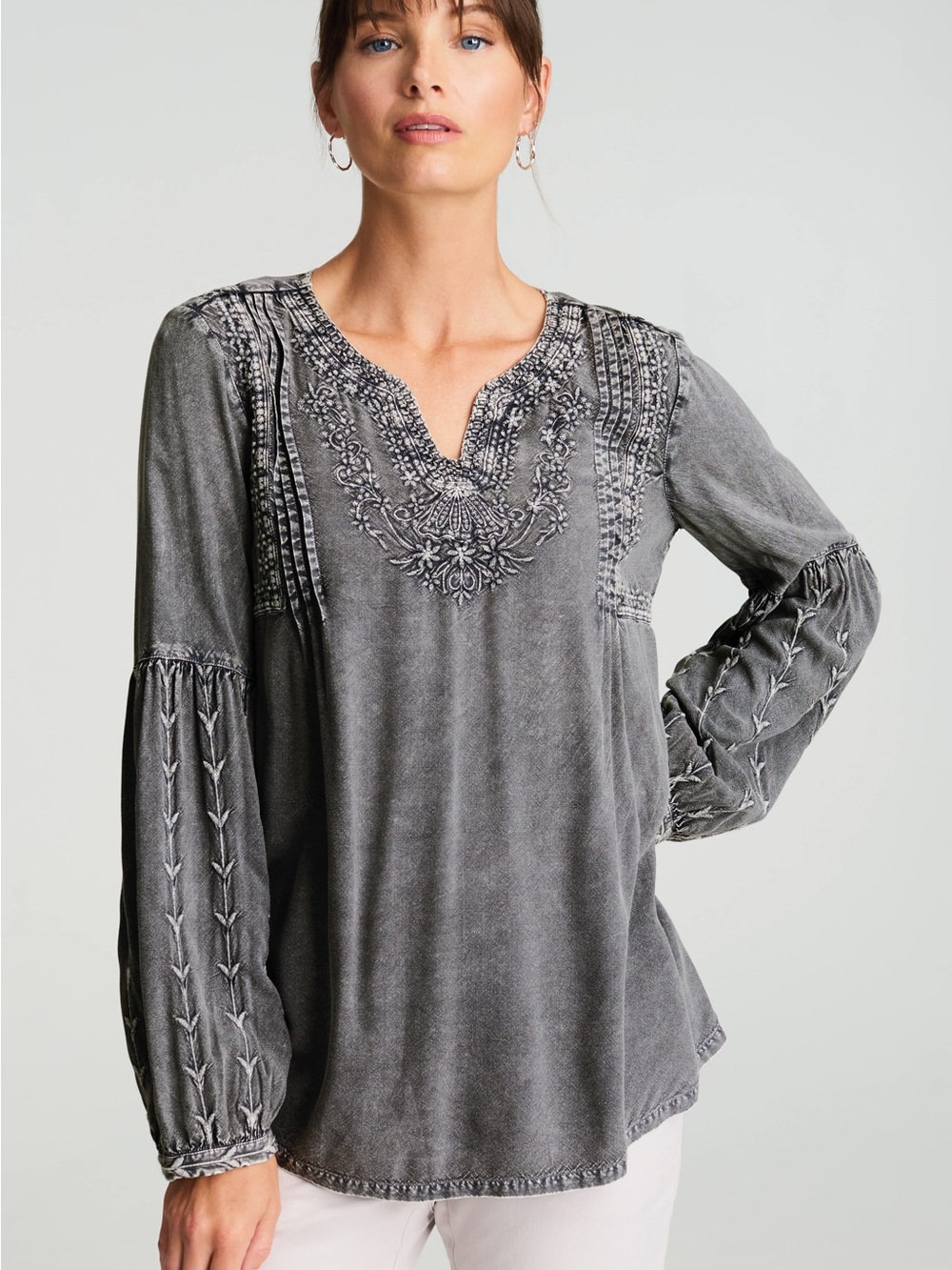 Pure Jill Brushed Embroidered Boho Peasant Top Large Like New Cottagecore